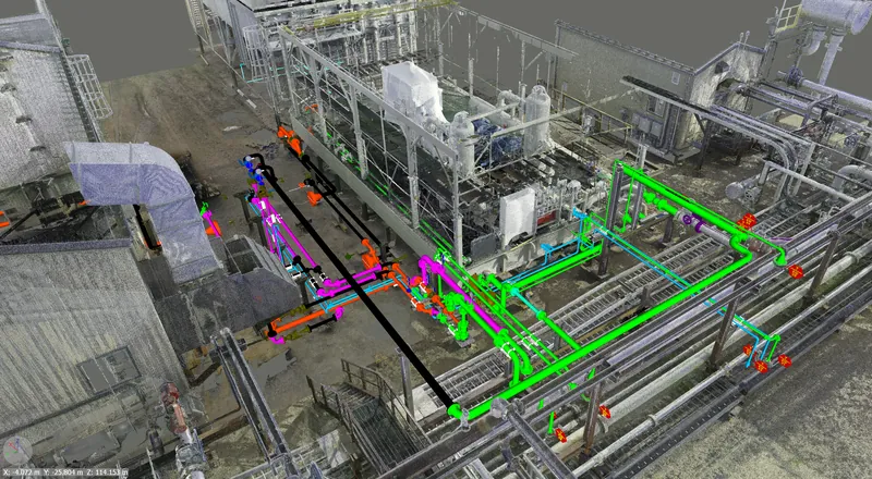 Clive compressor station 3D laser scan with multi-system piping design overlay Alberta