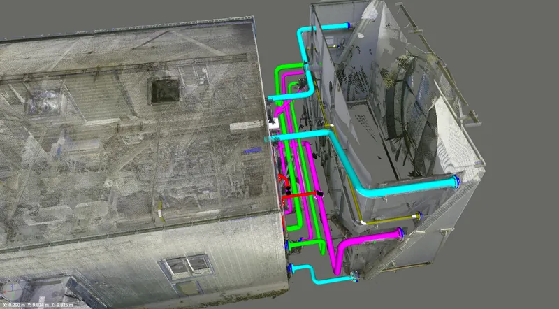 Facility retrofit 3D scan with new piping tie-ins modeled against existing structures Alberta