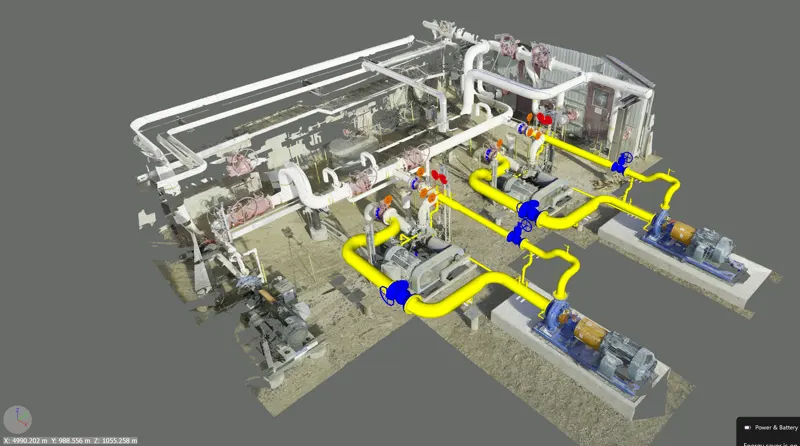 Industrial pump station 3D laser scan with piping overlay and equipment mapping Alberta