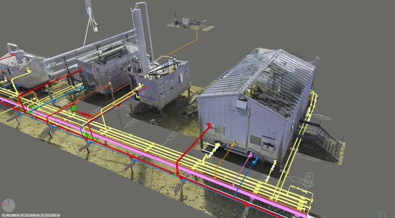 Rubellite battery facility 3D scan with multi-colored piping design overlay