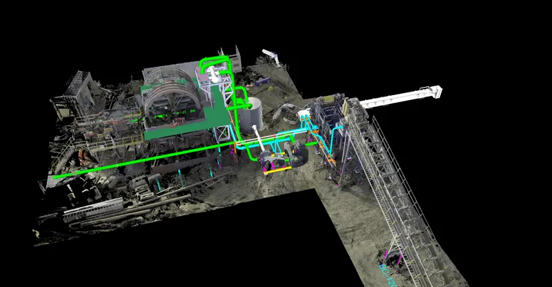 Sandmine industrial facility 3D scan with conveyor systems and piping design