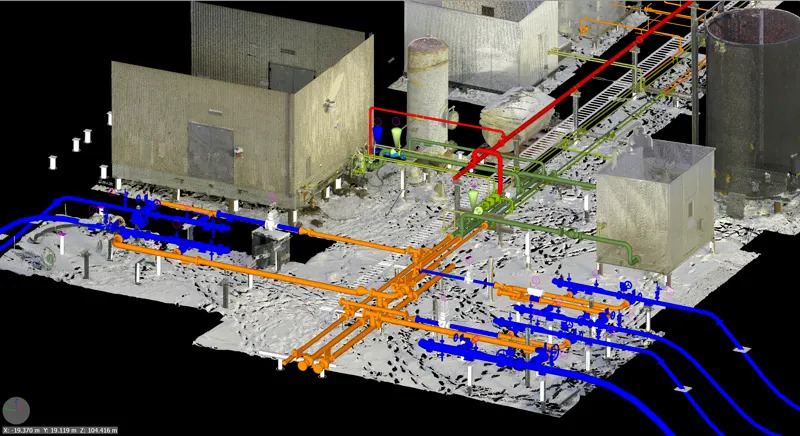 Tamarack 01-30 battery 3D scan with detailed piping routes and equipment layout