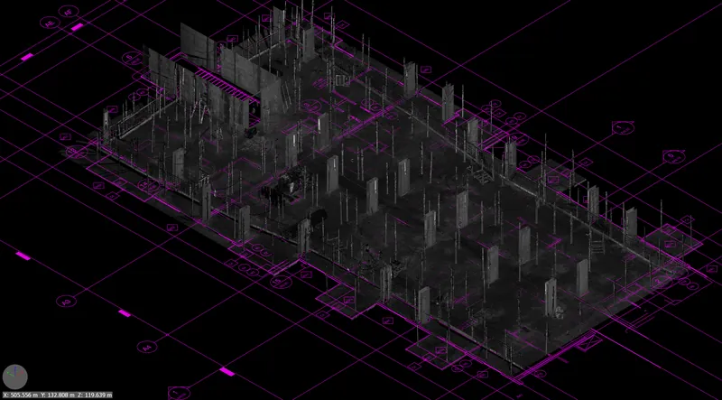 Multi-unit residential podium 3D scan with suite and wall layout overlaid in Calgary